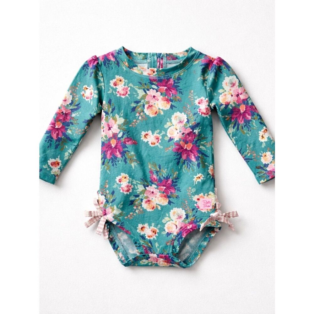 RuffleButts green and pink floral back zipper rash guard one piece swim 6-2 m